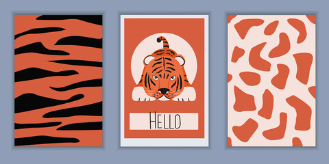 Set of postcard and invitation templates with a cute tiger. Background African ethnic prints with spots and wavy lines. Designs vector abstract wall posters with greeting inscriptions