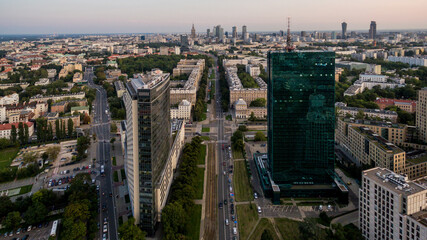 Fototapeta na wymiar Panorama of Warsaw from above, Intraco tower and downtown, photo from the drone, September 2017, Warsaw, Poland.
