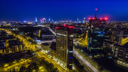 Fototapeta premium Panorama of Warsaw from above, Intraco tower and downtown, photo from the drone, September 2017, Warsaw, Poland.