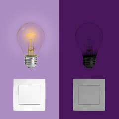 Turned ON and OFF light switches and bulbs, collage