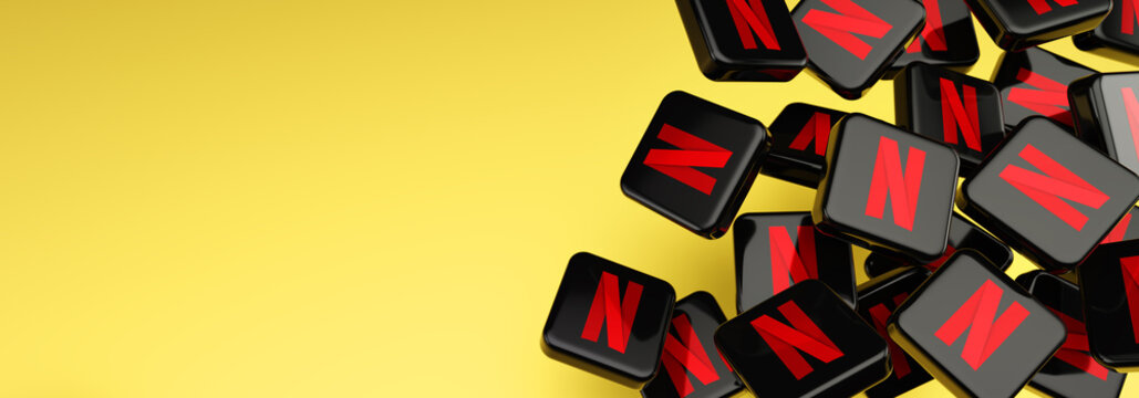 Guilherand-Granges, France - October 19, 2021. Cubes with logos of Netflix. American technology and media services provider and production company.