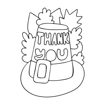 Happy Thanksgiving day hand-drawn coloring page vector illustration. Funny pilgrim hat and leaves black outline white isolated vector