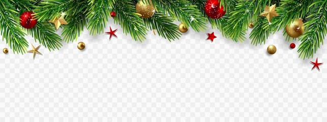 Border with green fir branches, stars, balls isolated on transparent background.	