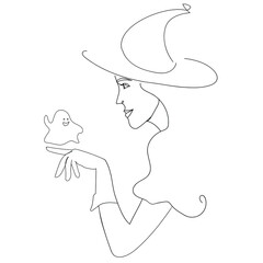 Abstract drawing with one single line of a witch in a haunted hat for Halloween. A painted
portrait of a magical character for the autumn Halloween holiday.
