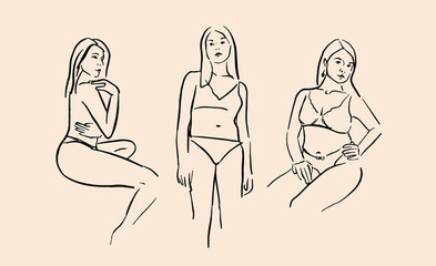 Vector illustration. Beautiful women. Body positive. Handicraft compositions of natural forms. Female silhouettes for wall art. Modern bohemian illustrations. Elements for the fine arts. 