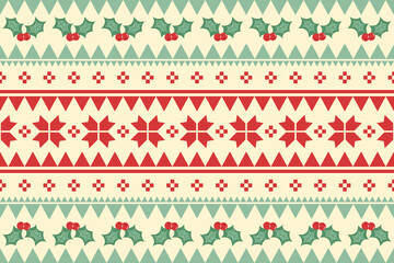 Merry Christmas vintage ethnic seamless pattern decorated with holly cherry and red flowers. design for background, wallpaper, fabric, carpet, web banner, wrapping paper. embroidery style. vector.