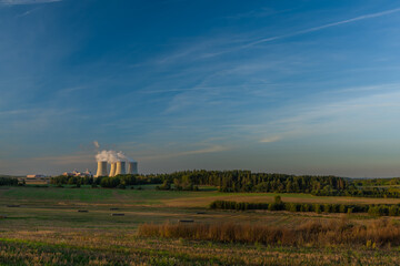 Fototapeta premium Nuclear power plant near Temelin village in autumn color evening