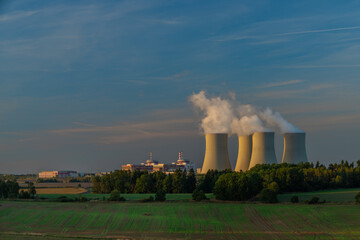 Nuclear power plant near Temelin village in autumn color evening