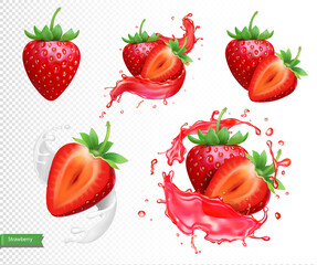 Strawberry realistic isolated vector set, whole and slice of strawberry in juice spash 3d icons - 464306711