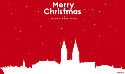 Marry Christmas and Happy new year red greeting card with white cityscape of Bremen - obrazy, fototapety, plakaty