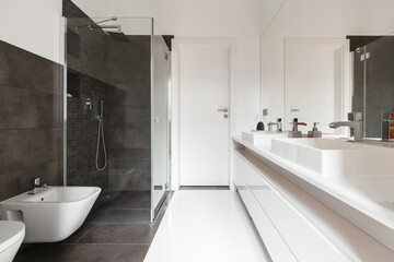 Fototapeta na wymiar Horizontal view of white and grey bathroom