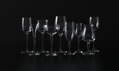 Lots of wine glasses of different shapes. Dark background. 3d rendering