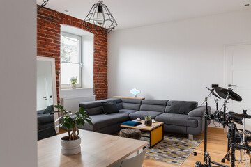 Modern living room with drums in living room
