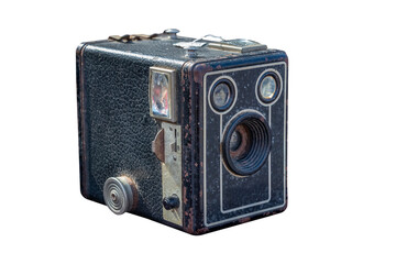 An old photographic camera isolated on white background