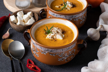 Pumpkin cream soup with feta cheese in a two brown bowls on a dark gray background