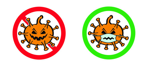 Stop, no enter signboard. Happy halloween party, october fest. Cartoon drawing pumpkins. Scary Halloween and coronavirus Covid-19 icon. Angry pumpkin pictogram. Flat vector banner.