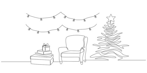 One continuous Line drawing of festive interior with armchair and christmas tree, gift boxes and garland. Stylish furniture for living room decor in simple linear style. Vector illustration