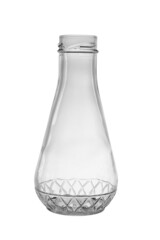 The sauce bottle is made of transparent, colorless glass with a wide bottom and a pattern. On a white background, close-up