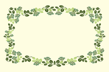 Vector spring rectangular frame with seamless pattern brush with natural elements leaves and small flowers gathered in a brush, a delicate basis for a card, invitation, banner. In pastel colors