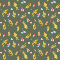 Watercolor hand-drown illustration pattern with christmas elements