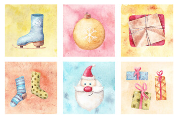 Watercolor hand-drown illustration set with christmas elements