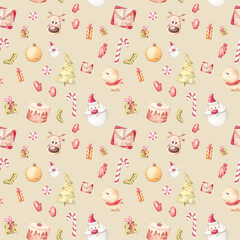 Watercolor hand-drown illustration pattern with christmas elements