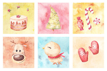 Watercolor hand-drown illustration set with christmas elements