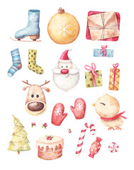 Watercolor hand-drown illustration set with christmas elements