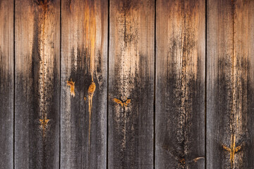 The wall of the aged barn made from untreated wooden planks vertically arranged