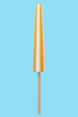 Orange striped beach umbrella for lounge zone on seashore isolated on blue.