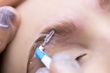laying out the eyebrow hairs after the eyebrow lamination procedure, the master combs the eyebrows...