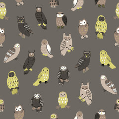 Owls birds vector seamless pattern