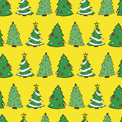 Vector Yellow Christmas Trees with baubles background pattern