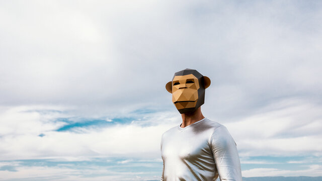Man in monkey mask and silver outfit on stony field