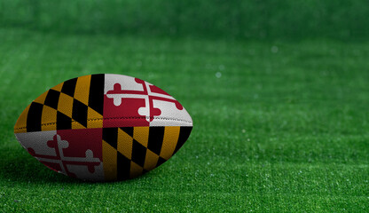 American football ball  with Maryland flag on green grass background, close up