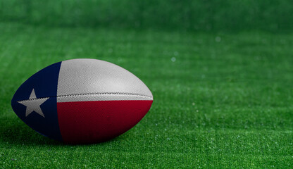 American football ball  with Texas flag on green grass background, close up