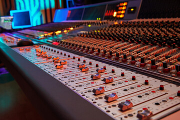 Sound recording studio mixing desk. Professional Equipment. Record.