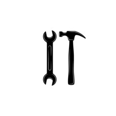 Black carpenter hammer and spanner. Work, fix, settings symbol.