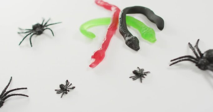 Close Up View Of Halloween Spiders And Snakes Toys Against Grey Background