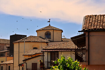 Serra San Bruno - View of the roofs and trees with the exterior of the apse Church of Our Lady of...