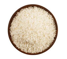 White dry uncooked Rice heap in bowl on white background. Isolate. Top view.