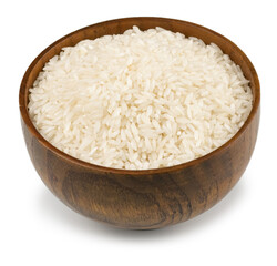 White dry uncooked Rice heap in bowl on white background. Isolate.