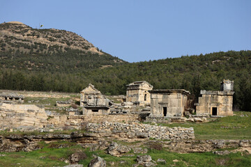 Fototapeta na wymiar ancient ruined tombs of Necropolis in Hierapolis, Turkey