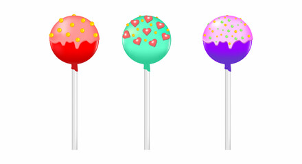 Set of isolated cake Pops on a stick of different colors with different ornaments