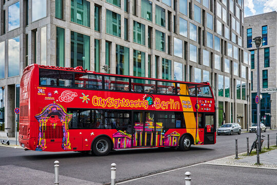 Berlin, Germany - July 29, 2021: Hop on hop off bus near the Hauptbahnhof in downtown Berlin.