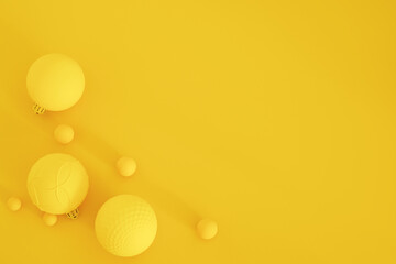 Yellow Christmas composition on the yellow background. Trendy Xmas background, mockup. Modern design. Free space for text, copy space. Flat lay, top view.