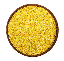 bowl with millet on white background. Isolate. Top view.