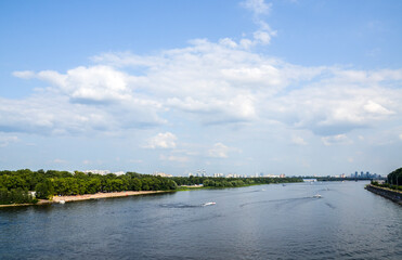 Beautiful summer view to the Dnipro river and right and left banks of Kyiv city, the capital of Ukraine