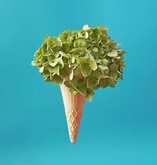 Green Flowers blossom in ice cream waffle cone on blue background. Minimal concept