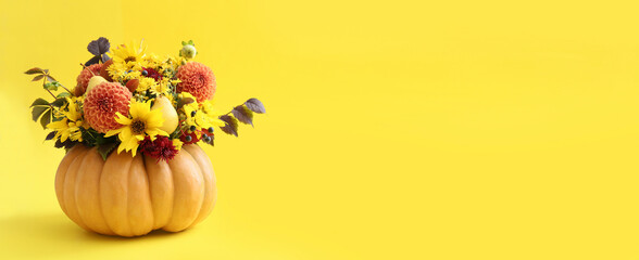 Beautiful autumn bouquet in pumpkin on color background with space for text